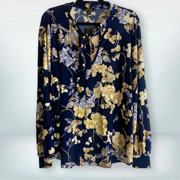 NWT Lauren Ralph Lauren Floral Tie-Neck Stretch Jersey Long Sleeve Plus, Size 2X - Picture 2 of 12
